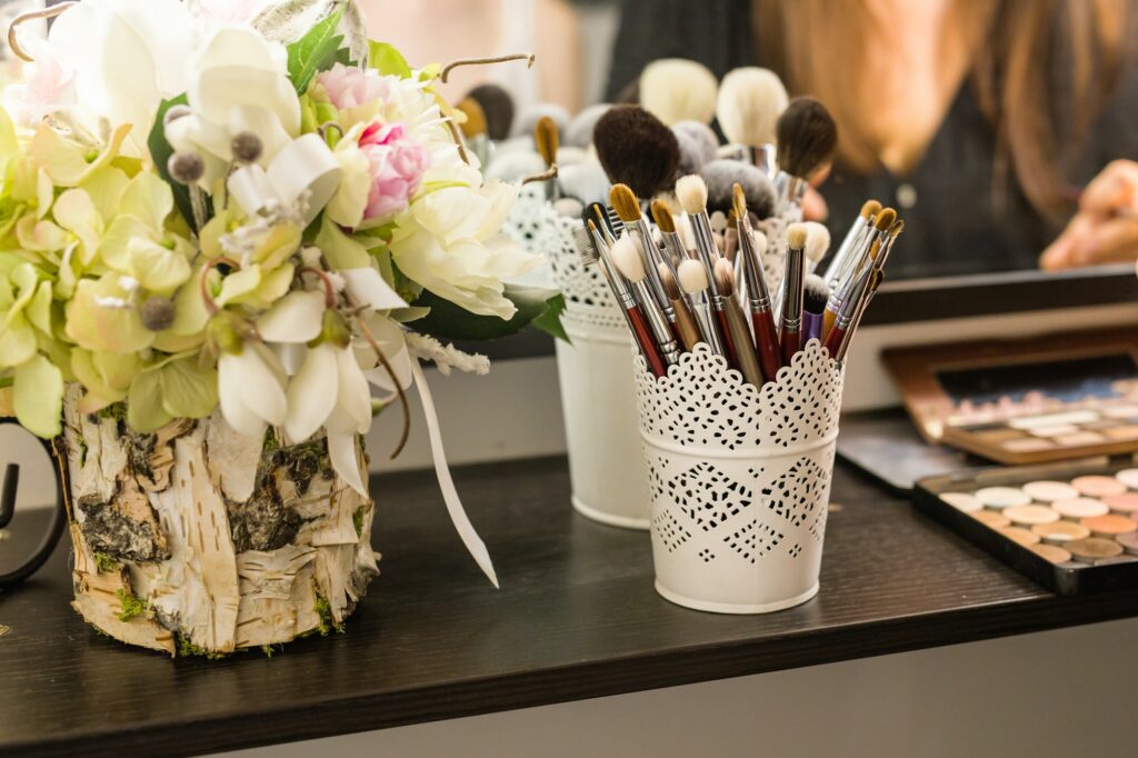 Makeup brushes in the beauty salon.